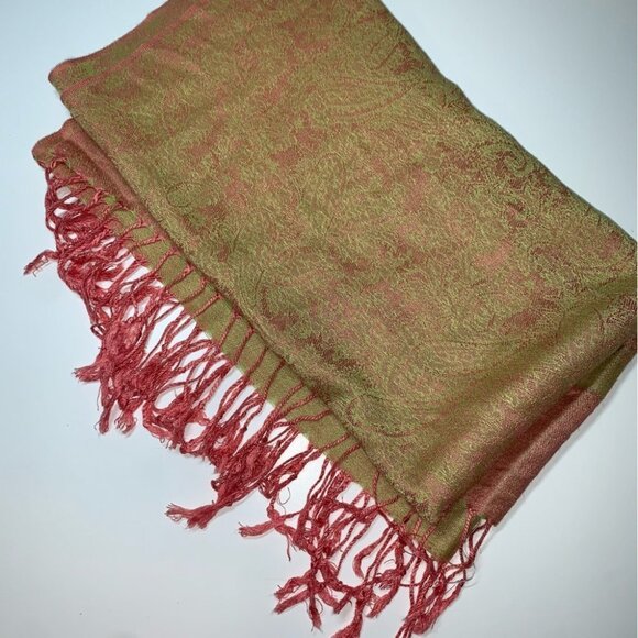 Pashmina Silk Scarf Coral Orange Gold Yellow Fringe Long‎ Lightweight - Picture 6 of 9